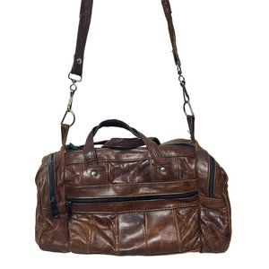 Vintage brown leather patch crossbody duffle bag made in Mexico 12in x 6in x 6in